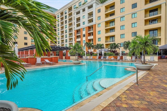 view of pool featuring a patio