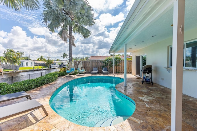 view of pool featuring area for grilling and a patio area