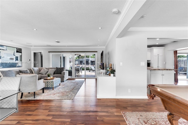 living room with pool table, wood-type flooring, french doors, and crown molding