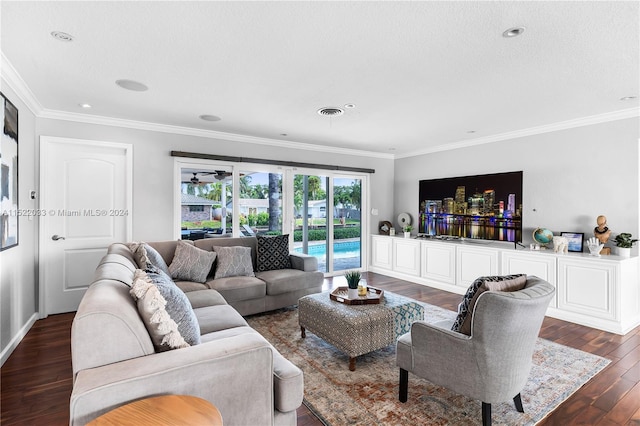 living room featuring crown molding and dark hardwood / wood-style flooring