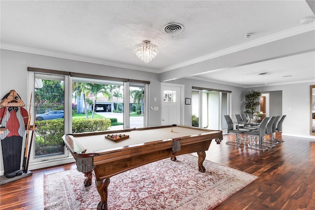 playroom with pool table, dark hardwood / wood-style floors, and a wealth of natural light