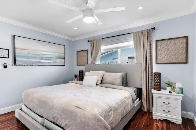 bedroom featuring ceiling fan, crown molding, and dark wood-type flooring