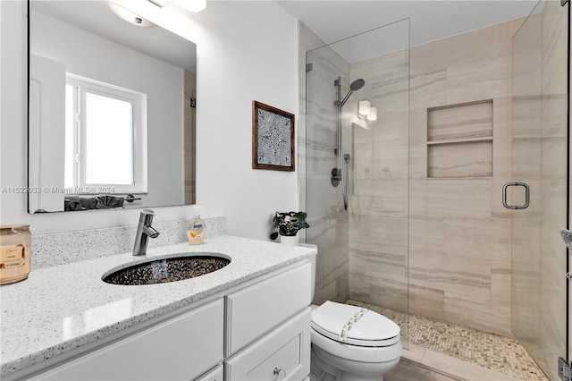 bathroom with an enclosed shower, large vanity, and toilet