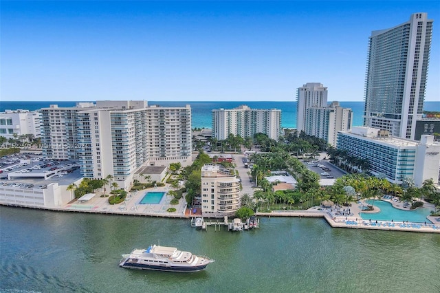 aerial view featuring a water view