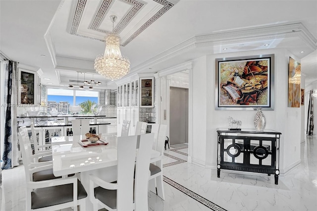 interior space featuring a chandelier, a tray ceiling, light tile floors, and crown molding