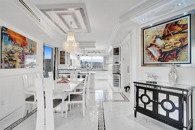 hallway with light tile floors, a notable chandelier, crown molding, and a tray ceiling