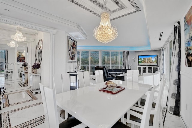 dining room with a chandelier, crown molding, a raised ceiling, and light tile flooring