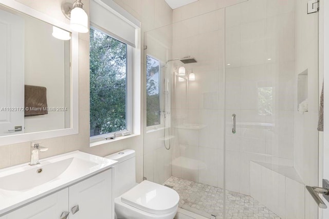 bathroom with plenty of natural light, vanity with extensive cabinet space, toilet, and walk in shower