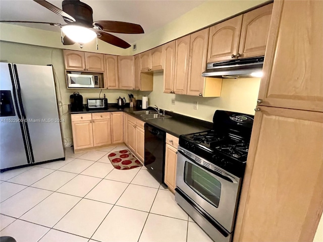 kitchen with ceiling fan, sink, stainless steel appliances, light tile flooring, and light brown cabinets