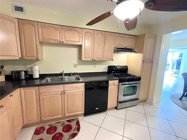 kitchen featuring ceiling fan, sink, light tile floors, designer range, and dishwasher