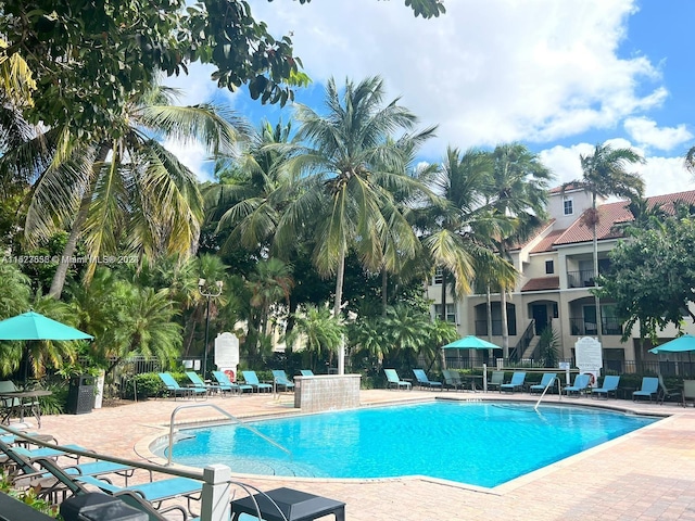 view of swimming pool with a patio area