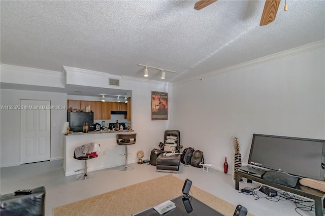 workout room with ornamental molding, a textured ceiling, ceiling fan, and track lighting