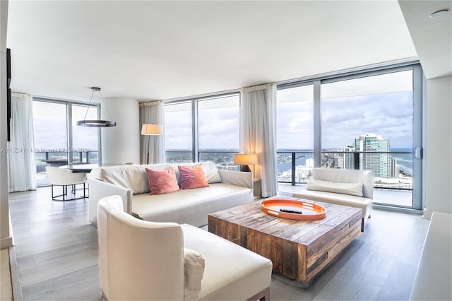 living room with a wall of windows, a water view, and light wood-type flooring