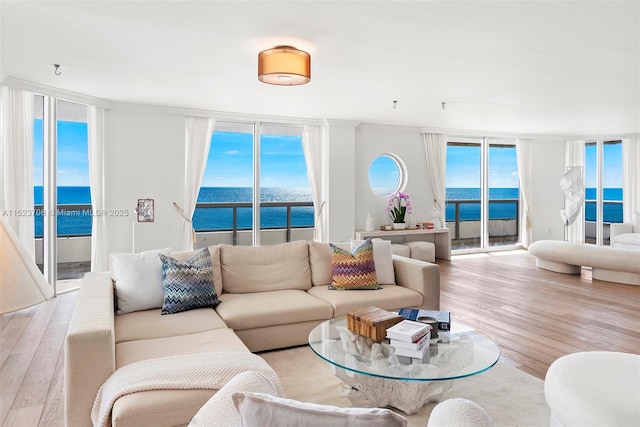 living room with light wood-type flooring, a water view, and expansive windows