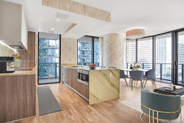 kitchen with plenty of natural light, light hardwood / wood-style floors, sink, and a wall of windows