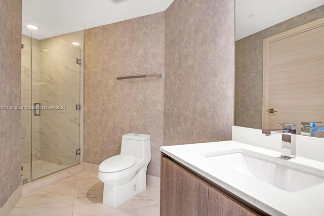 bathroom featuring vanity, tile floors, toilet, and walk in shower