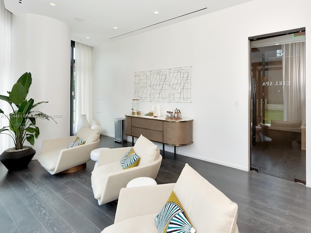 living room with dark hardwood / wood-style flooring