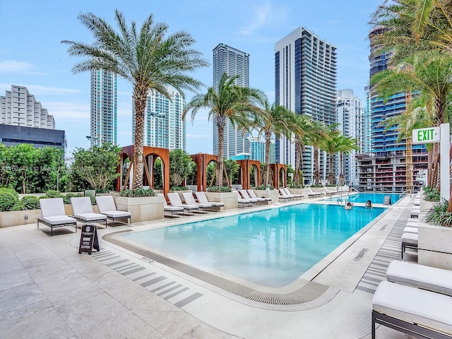 view of swimming pool featuring a patio area