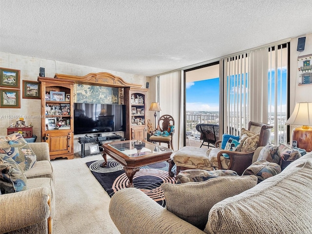 carpeted living room featuring a textured ceiling