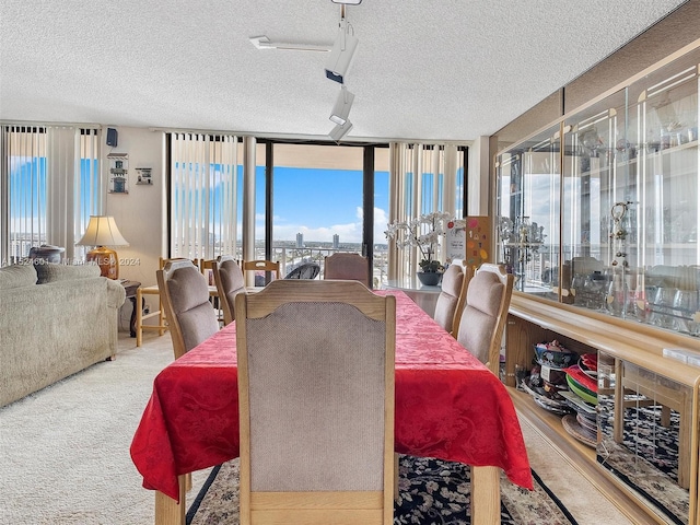 dining area featuring light carpet and a textured ceiling