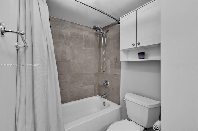 bathroom with toilet and shower / bathtub combination with curtain