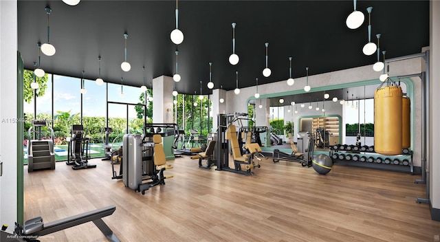 workout area featuring a towering ceiling, a wealth of natural light, light wood-type flooring, and expansive windows