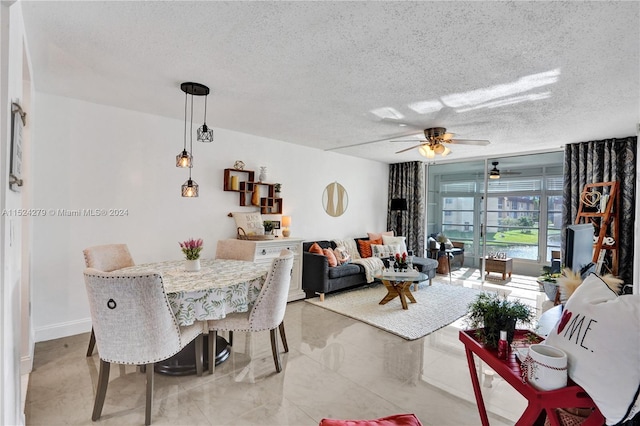 dining room with light tile floors, a textured ceiling, and ceiling fan