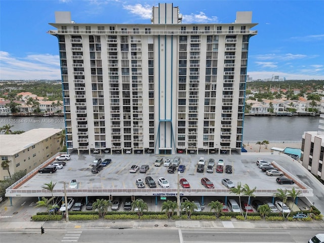 view of building exterior featuring a water view