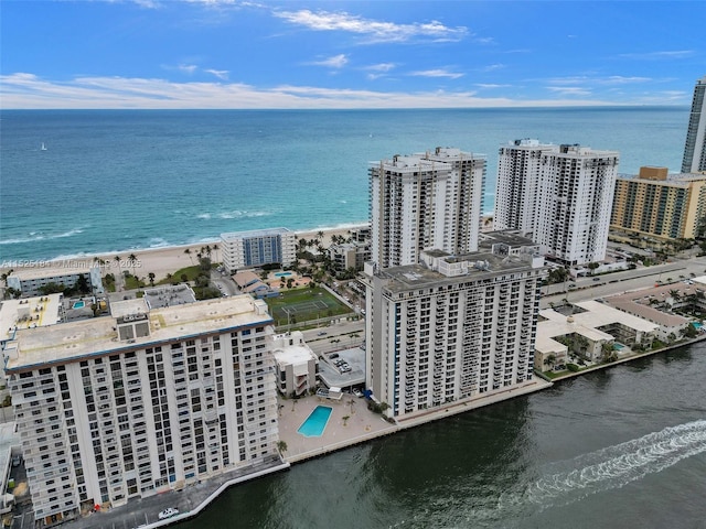 drone / aerial view with a water view and a view of city