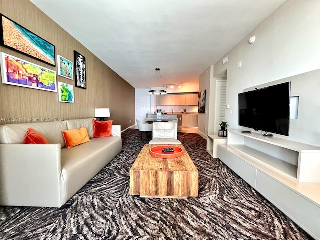 living room featuring dark colored carpet