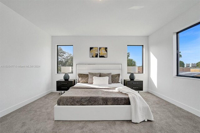 bedroom featuring light carpet and multiple windows