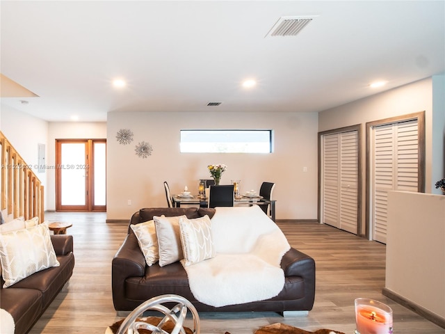 living room featuring light hardwood / wood-style floors and a wealth of natural light