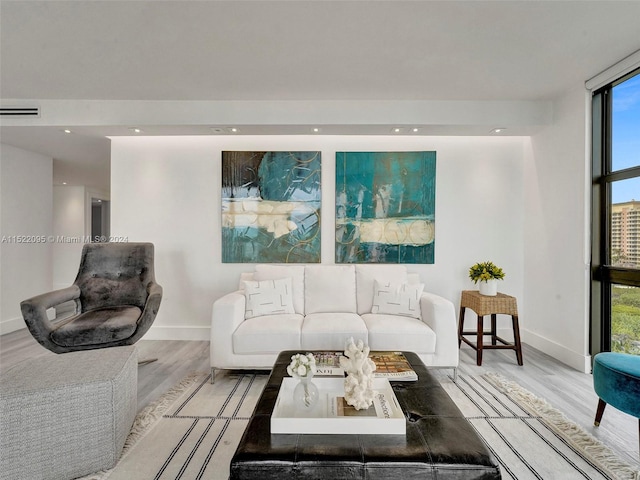 living room with plenty of natural light and light hardwood / wood-style flooring