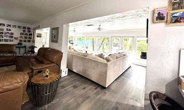 living room featuring ornamental molding, dark hardwood / wood-style flooring, a textured ceiling, and ceiling fan