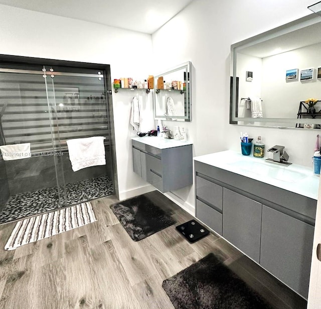 bathroom with vanity, wood-type flooring, and walk in shower