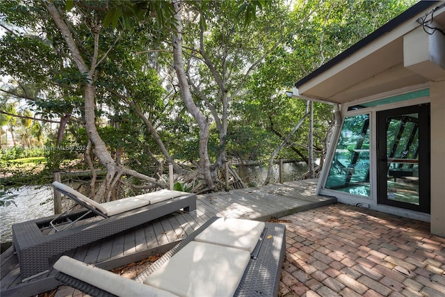 view of patio / terrace featuring a water view