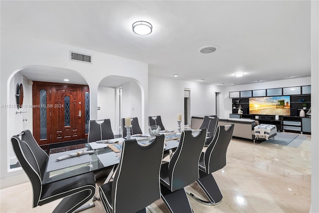 home office featuring light tile flooring