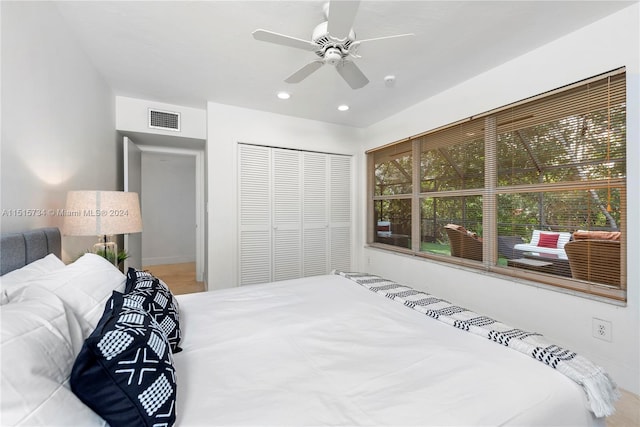 bedroom featuring a closet and ceiling fan