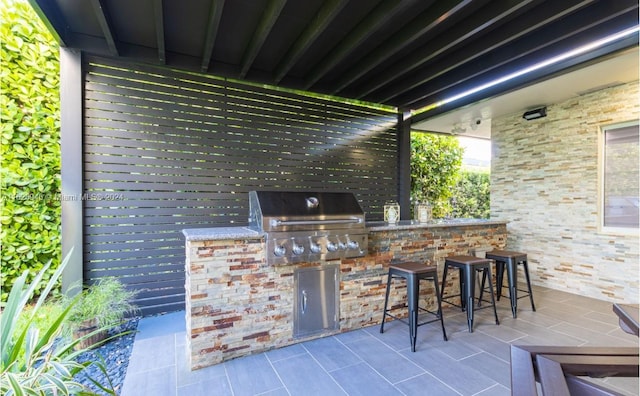 view of patio / terrace featuring a bar, grilling area, and exterior kitchen