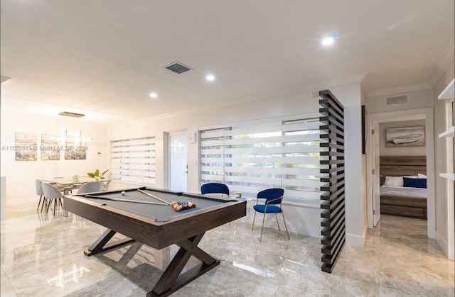 playroom featuring light tile flooring, pool table, and crown molding