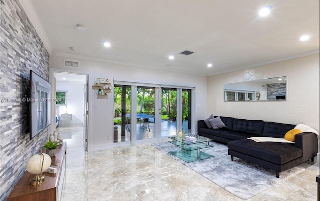 living room featuring crown molding, french doors, and light tile flooring