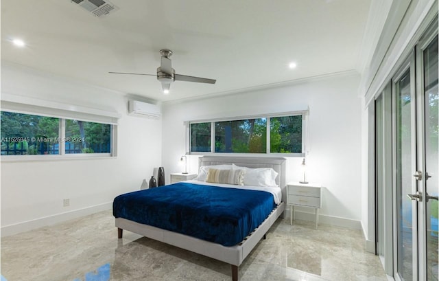 tiled bedroom with a wall mounted air conditioner, ornamental molding, and ceiling fan