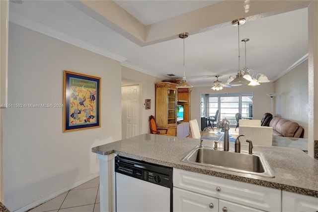 kitchen with white cabinets, hanging light fixtures, sink, and white dishwasher