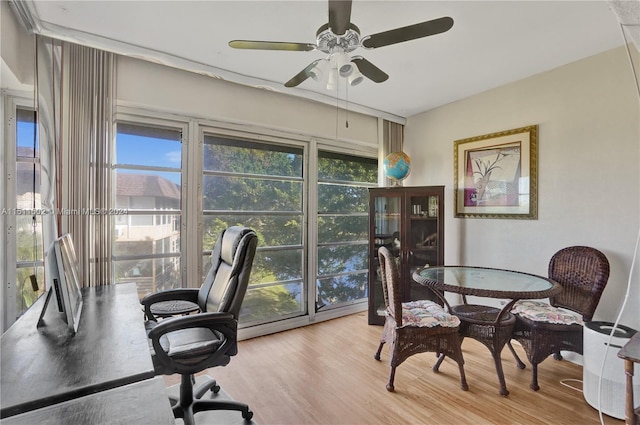 office with ceiling fan and light wood-type flooring