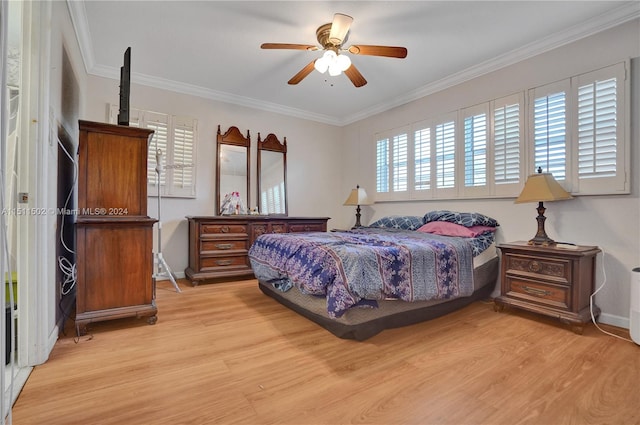 bedroom with ceiling fan, light hardwood / wood-style floors, and ornamental molding