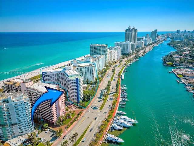 aerial view featuring a water view