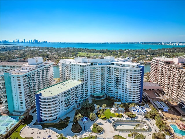 bird's eye view with a water view