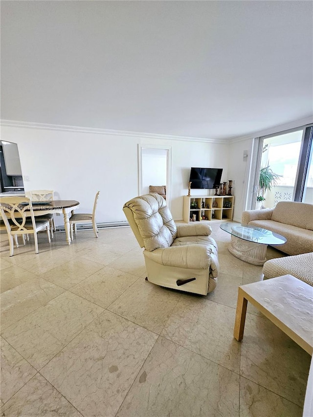 tiled living room with crown molding