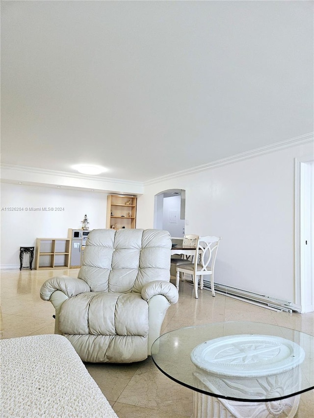 tiled living room with ornamental molding