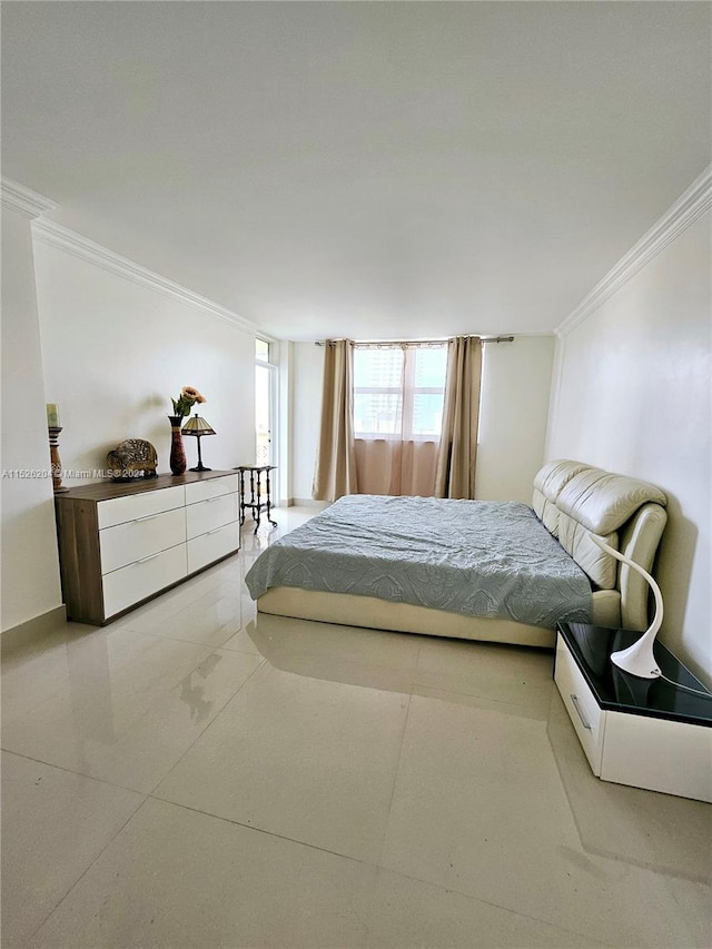 bedroom with light tile floors, floor to ceiling windows, and crown molding